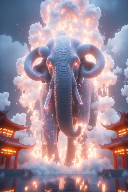 06584-3840293221-Hyperrealistic art BJ_Sacred_beast, elephant, outdoors, horns, sky, cloud, no_humans, glowing, fire, building, scenery, glowing_.png